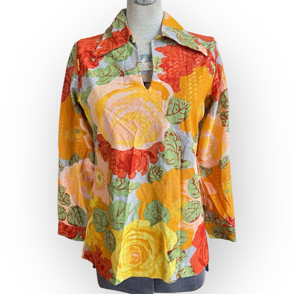 VTG 70s Metallic Floral Dagger Collar Shirt Lurex